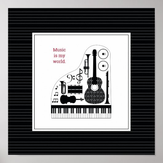 白黒モダンミュージカル楽器パターン ポスター (正面)