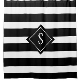 白黒モダンモストライプノグラムイニシャル シャワーカーテン