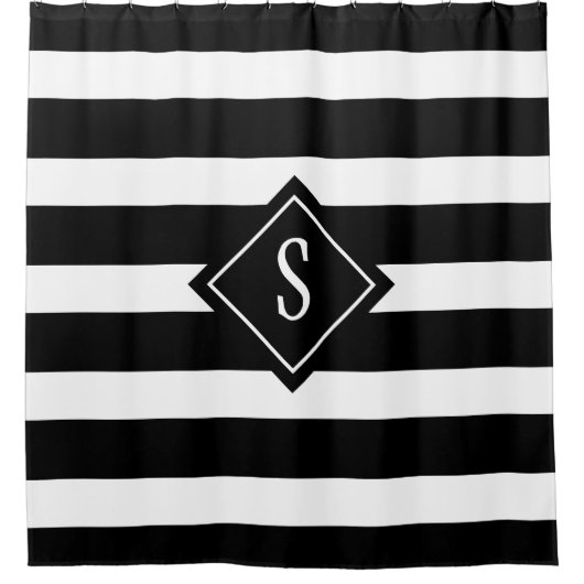 白黒モダンモストライプノグラムイニシャル シャワーカーテン (正面)