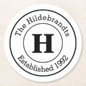 白黒モダンモノグラムカスタムファミリー ラウンドペーパーコースター (正面)