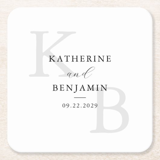 白黒モダンモノグラムミニマル結婚リスト スクエアペーパーコースター (正面)
