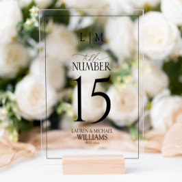 白黒モダンモノグラム結婚のテーブル番号 アクリルサイン