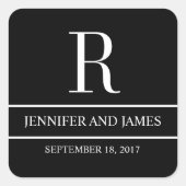 白黒モダンモノグラムR結婚ステッカー スクエアシール (正面)