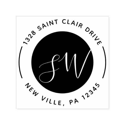 白黒モダンラウンドモノグラムスクリプト セルフインキングスタンプ (デザイン)