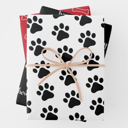白黒モダンレッドドッグをテーマにしたホリデーペットラップ ラッピングペーパーシート (インサイチュ)