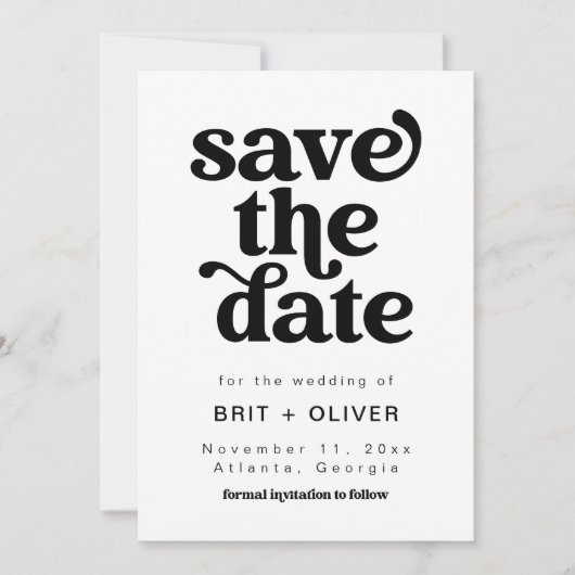 白黒モダンレトロ結婚式の日付を保存 招待状 (正面)