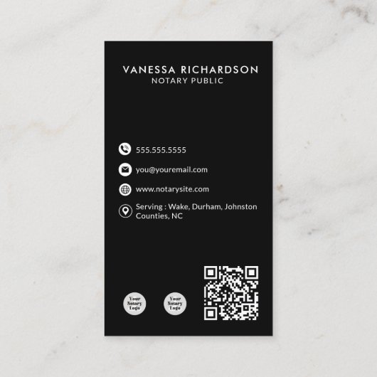 白黒モダン公証人縦写真QRコード 名刺 (裏面)