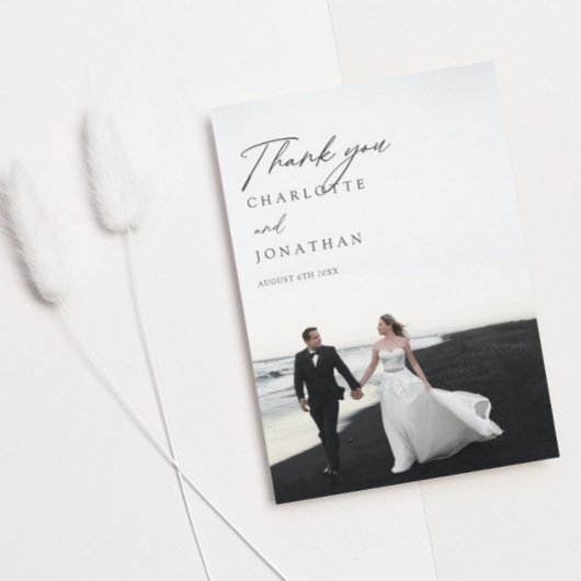 白黒モダン写真結婚の サンキューカード