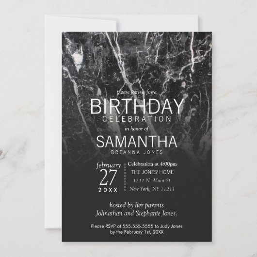 白黒モダン大理石バースデーパーティー 招待状 (正面)