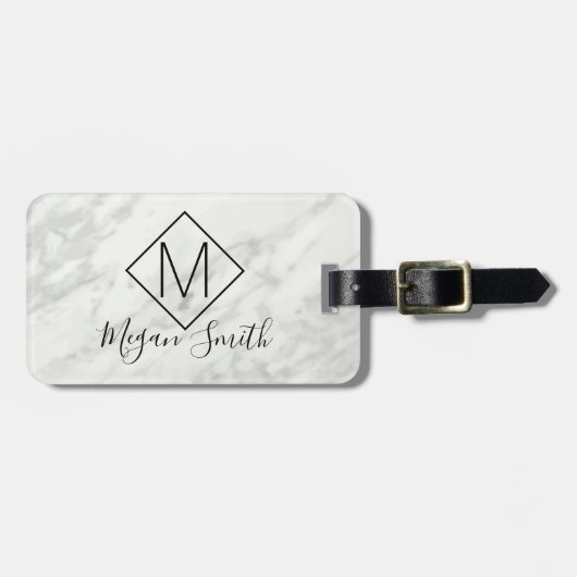 白黒モダン大理石モノグラムのカスタム ラゲッジタグ (正面横)