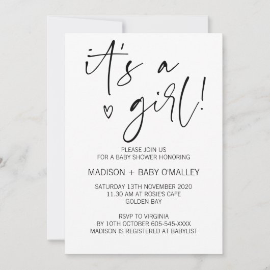 白黒モダン女の子の赤ちゃんシャワー 招待状 (正面)