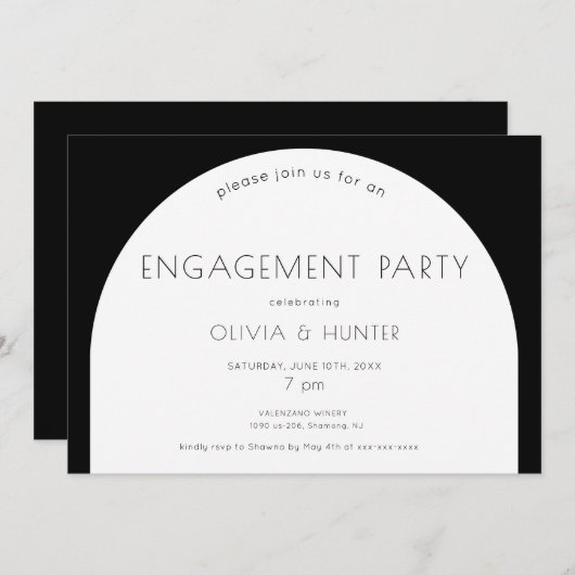 白黒モダン婚約パーティ招待状 招待状 (正面/裏面)