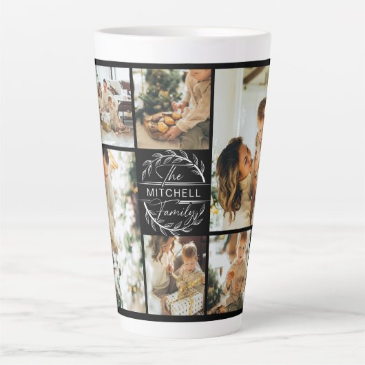 白黒モダン家族フォトコラージュ記念 カフェラテマグ (正面)
