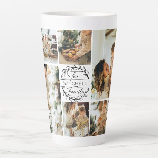 白黒モダン家族フォトコラージュ記念 カフェラテマグ (正面)