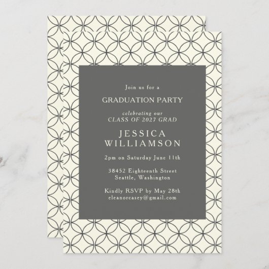 白黒モダン幾何デコ卒業パーティー 招待状 (正面/裏面)