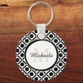 白黒モダン幾何学的モノグラムと名前 キーホルダー (正面)