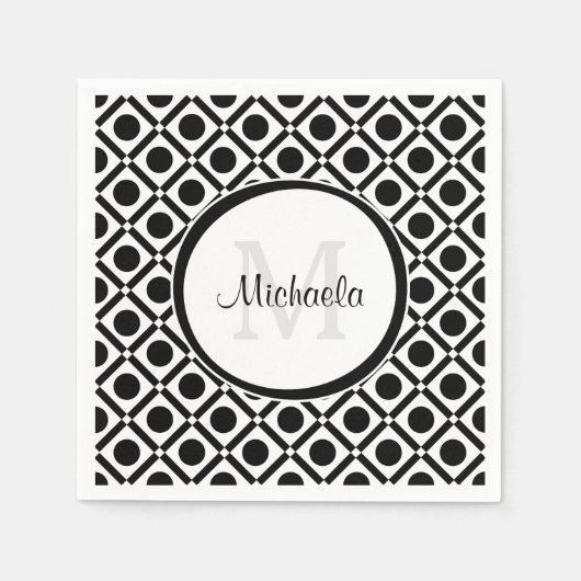 白黒モダン幾何学的モノグラムと名前 スタンダードカクテルナプキン (正面)
