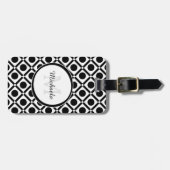白黒モダン幾何学的モノグラムと名前 ラゲッジタグ (正面横)