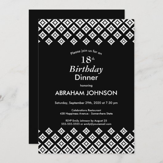 白黒モダン幾何学第18誕生日ディナー 招待状 (正面/裏面)