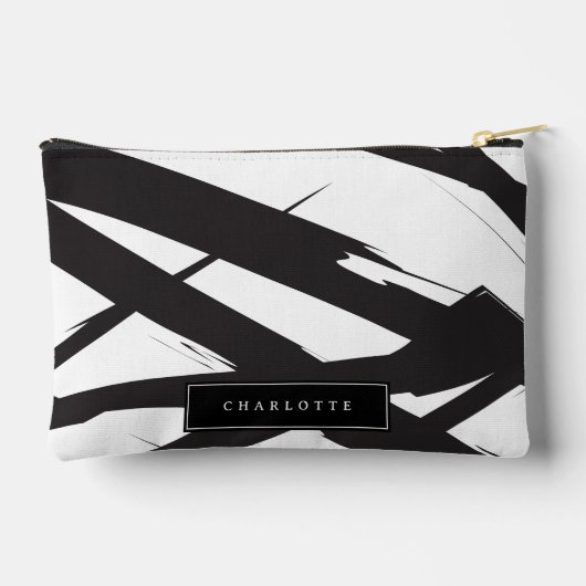 白黒モダン抽象芸術アートライン名前をカスタムする アクセサリーポーチ (裏面)