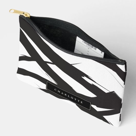 白黒モダン抽象芸術アートライン名前をカスタムする アクセサリーポーチ (見開き)
