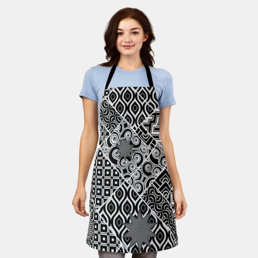 白黒モダン抽象芸術柄エプロン エプロン (着用した状態)