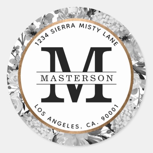 白黒モダン水彩フローラモノグラム ラウンドシール (正面)