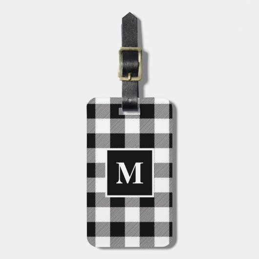 白黒モダン水牛プレイドモノグラム ラゲッジタグ (正面縦)