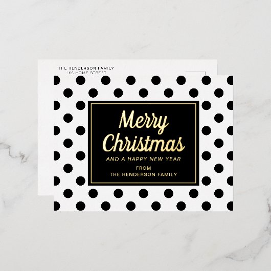 白黒モダン水玉模様メリークリスマス金ゴールド 箔シーズンポストカード (正面/裏面)