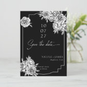 白黒モダン牡丹の写真は日付を保存 招待状 (スタンド正面)
