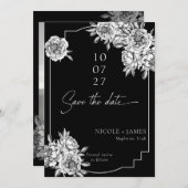 白黒モダン牡丹の写真は日付を保存 招待状 (正面/裏面)