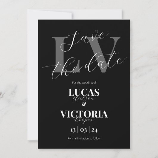 白黒モダン結婚式の日付を保存 招待状 (正面)