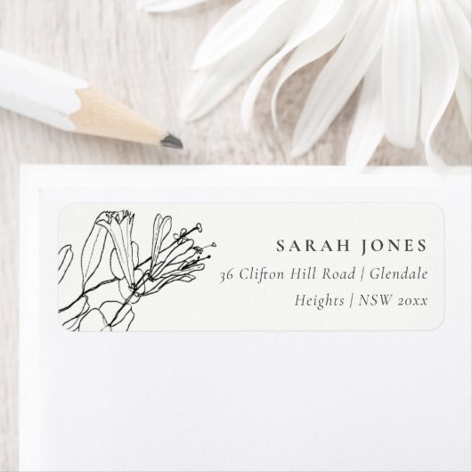 白黒モダン線スケッチフローラアドレス ラベル (インサイチュ)