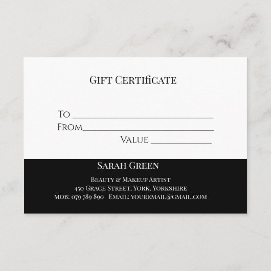 白黒モダン美しいギフト券 エンクロージャーカード (裏面)