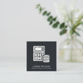 白黒モダン計算機コインアイコン会計 スクエア名刺 (スタンド正面)