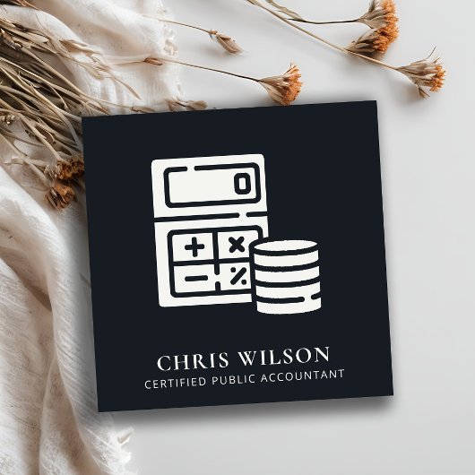 白黒モダン計算機コインアイコン会計 スクエア名刺