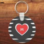 白黒モダン赤いハートモノグラストライプのム キーホルダー (正面)