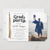 白黒モダン金ゴールドタッセルグラッドパーティー写真 招待状 (正面)