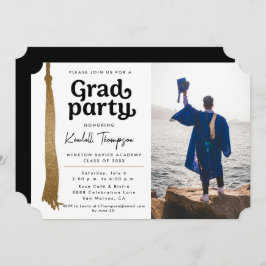 白黒モダン金ゴールドタッセルグラッドパーティー写真 招待状