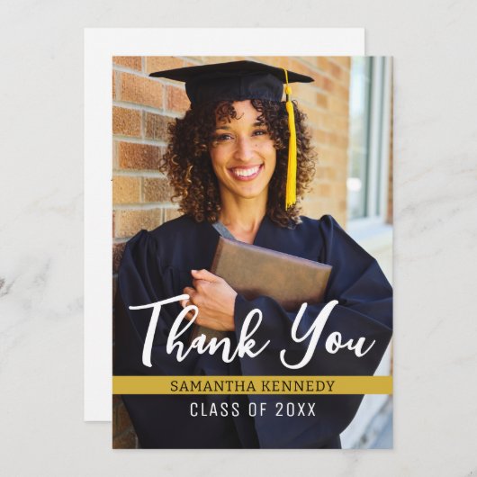 白黒モダン金ゴールド2025卒業写真 サンキューカード (正面/裏面)