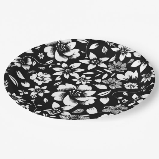 白黒モダン離れ吹フローラ ペーパープレート (アングル)