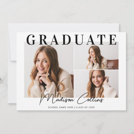 白黒モダン3写真卒業パーティー 招待状 (正面)