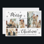 白黒モダン4フォトコラージュクリスマスカード<br><div class="desc">モダン, ，ミニマエレガントリストブラックとホワイト4フォトコラージュMerry Christmasスクリプトのホリデーカード。このフェスティバル4 (4)フォトホリデーカードテンプレートはフォトコラージュかわいらし、いくつかの雪の結晶を特徴とし、メリークリスマスを言う！「メリークリスマス」挨拶文字は白書色の背景には、美しい黒手文字のタイポグラフィフォントタイプである。反対側の挨拶文字テンプレートは白。このかわいらしクリスマスシーズンとホリデーシーズンの家族と友人のためのグリーティングカード。</div>