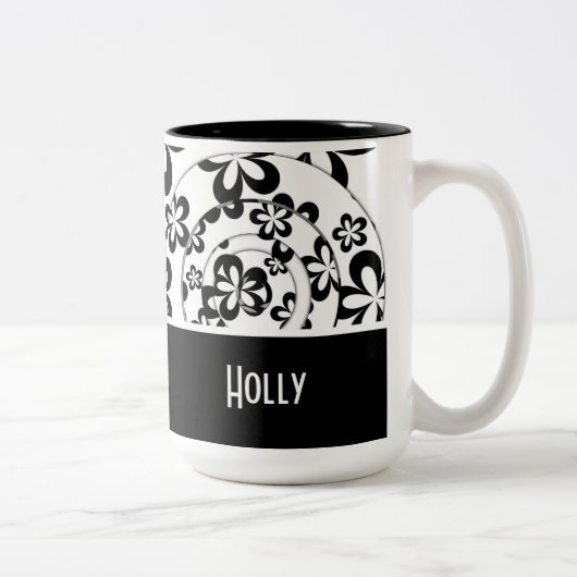 白黒モダン、パーソナライズされたリングや輪、花 ツートーンマグカップ (右)