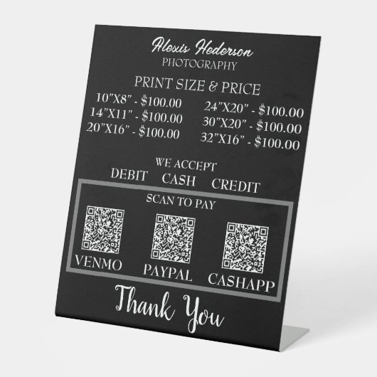 白黒モダンQRコードプリントサイズと価格 台座サイン (正面)