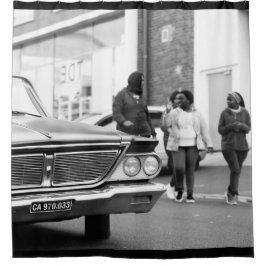 白黒モノクロオールドカーピープルシティ シャワーカーテン