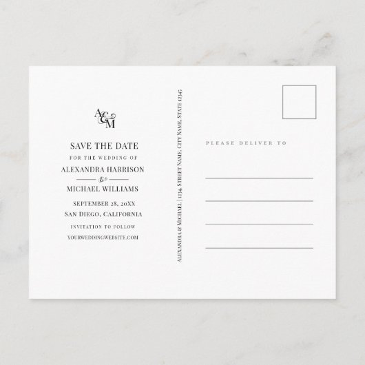 白黒モノグシンプルラムエレガント保存日付 インビテーションポストカード (裏面)