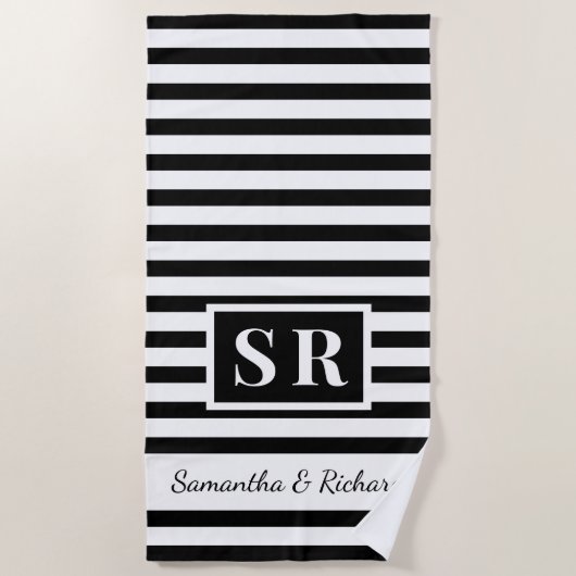 白黒モノグラストライプのム結婚夫婦 ビーチタオル (正面)