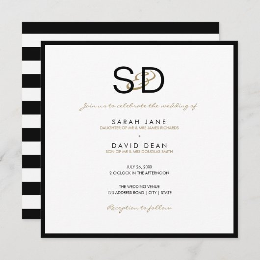 白黒モノグラストライプム結婚式招待状 招待状 (正面/裏面)