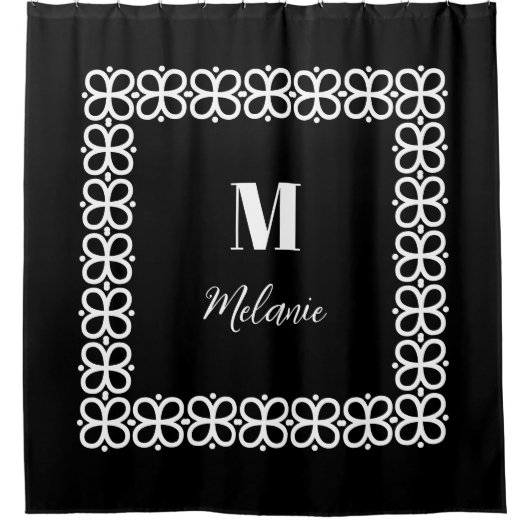 白黒モノグラムと名前エレガント シャワーカーテン (正面)